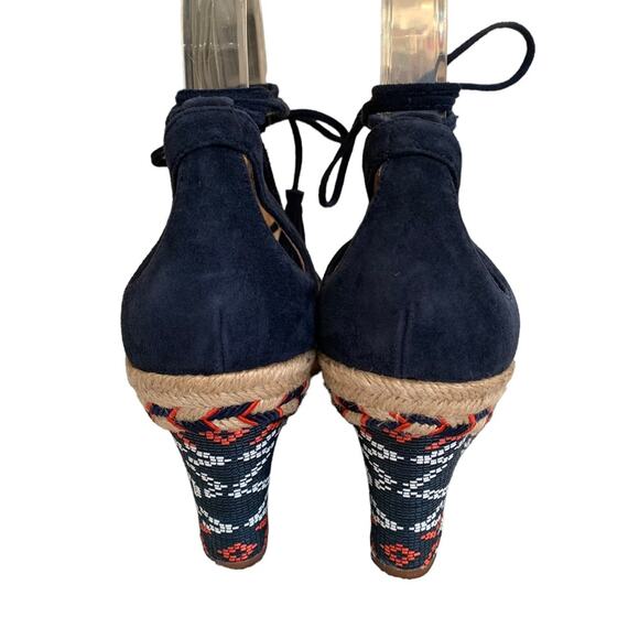 CAbi Isla Navy Suede Aztec Embroidered Espadrille Wedge Heels 7.5 NWOT - Picture 4 of 10